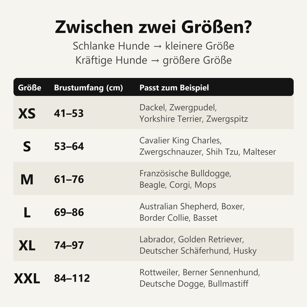 Size chart for the Bellvo No-Pull Harness