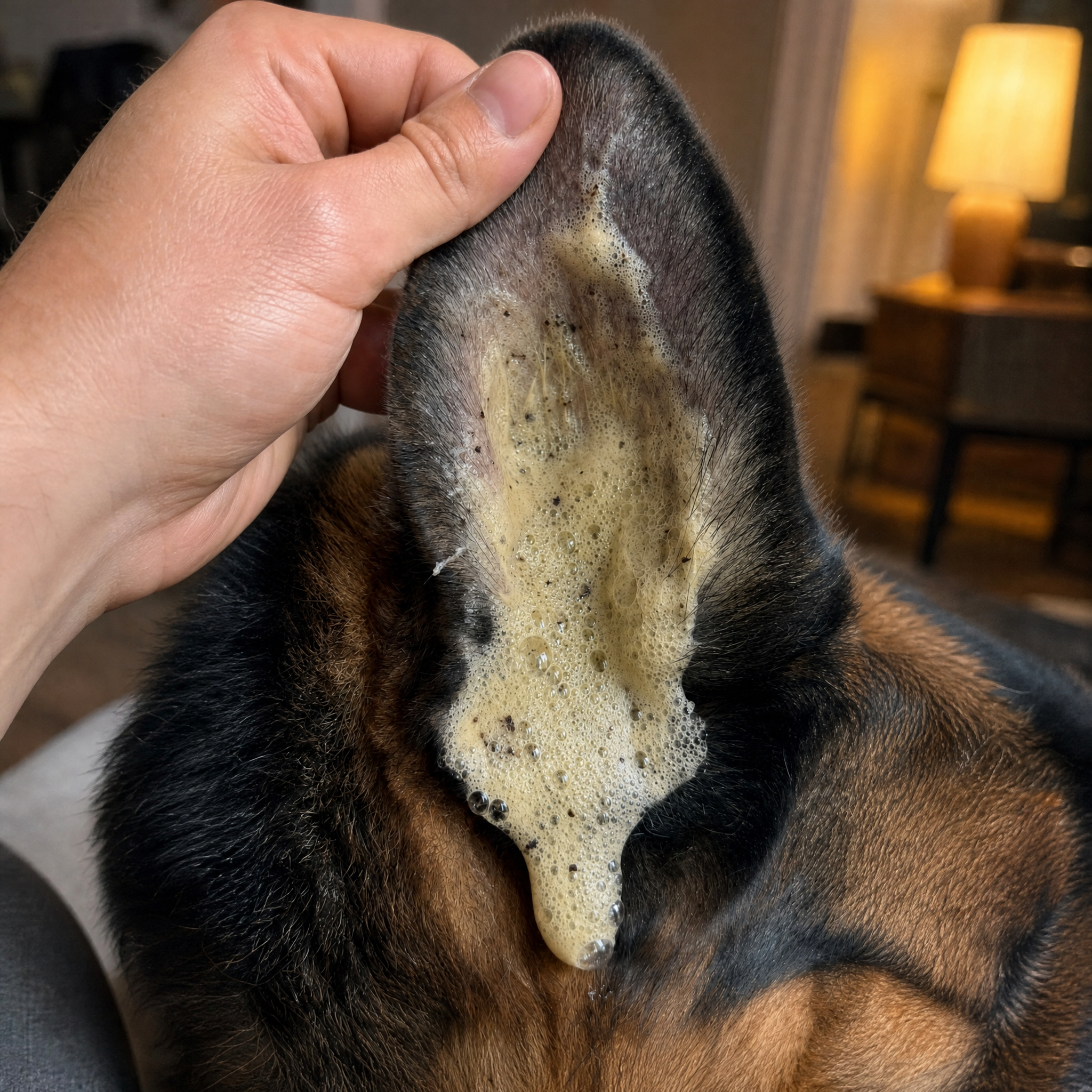 Foam lifting debris out of a dog's ear