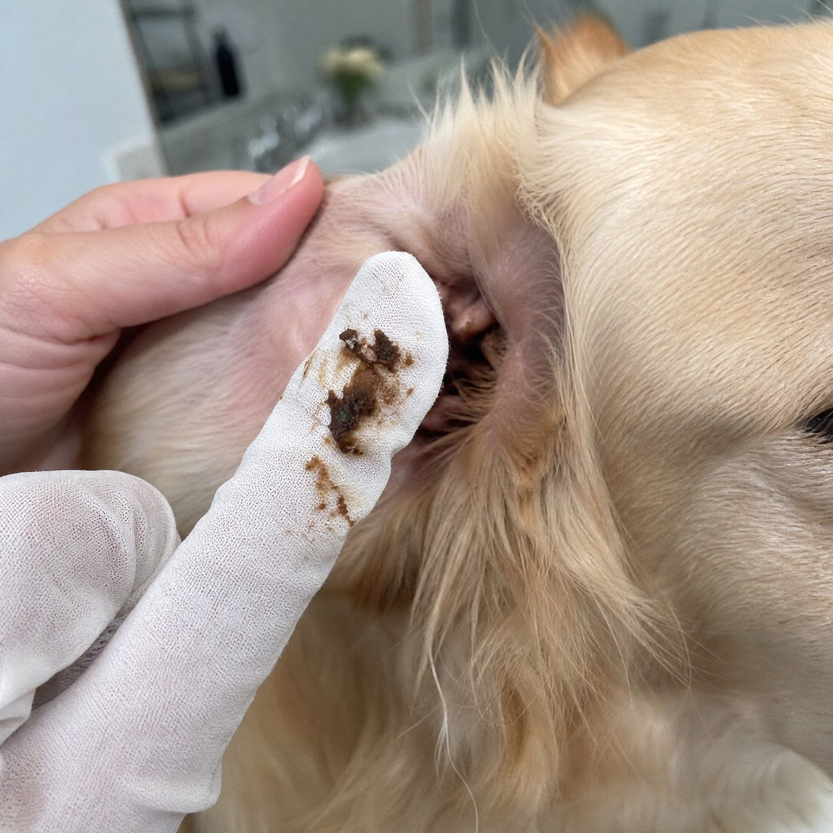 A used finger wipe covered in brown ear debris