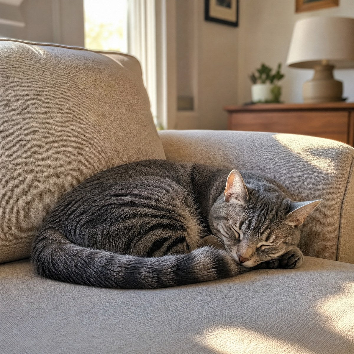 A grey tabby cat asleep in the afternoon sun